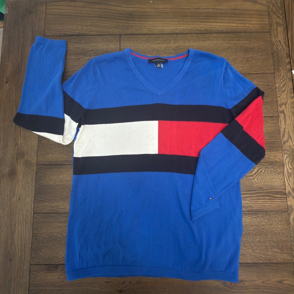 Tommy‎ Hilfiger Mens XL V-Neck Colorblock Retro Cotton Sweater Blue Red White